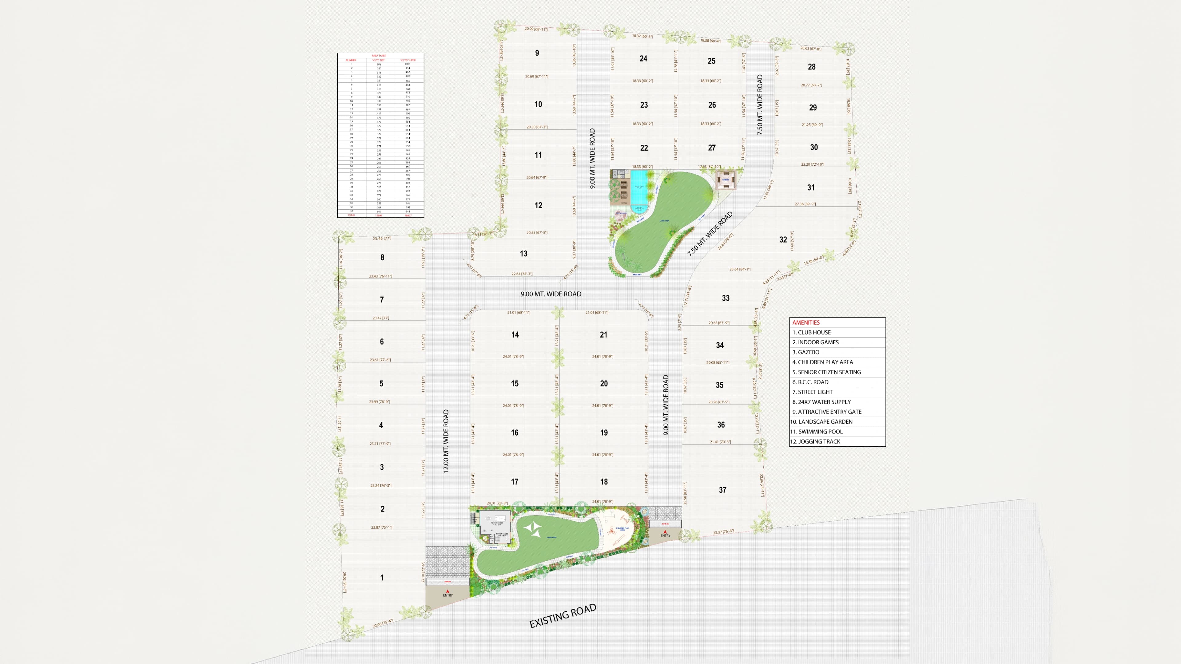 Aerial master plan of Nivasa Greens showing numbered villa plots, roads, and green belts
